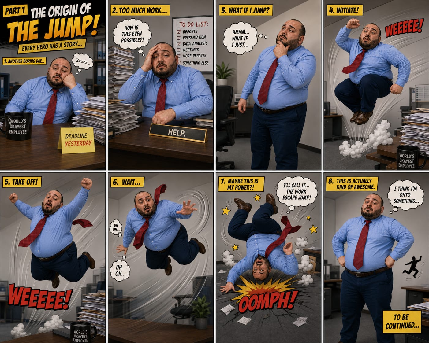 Comic panels showing Ouri discovering his work escape jump