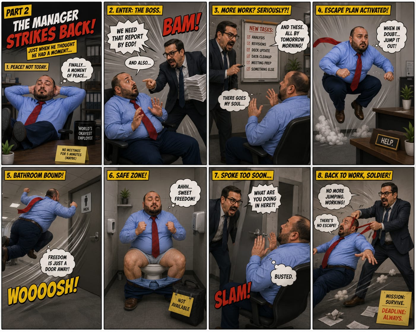 Comic panels showing Ouri escaping from his manager