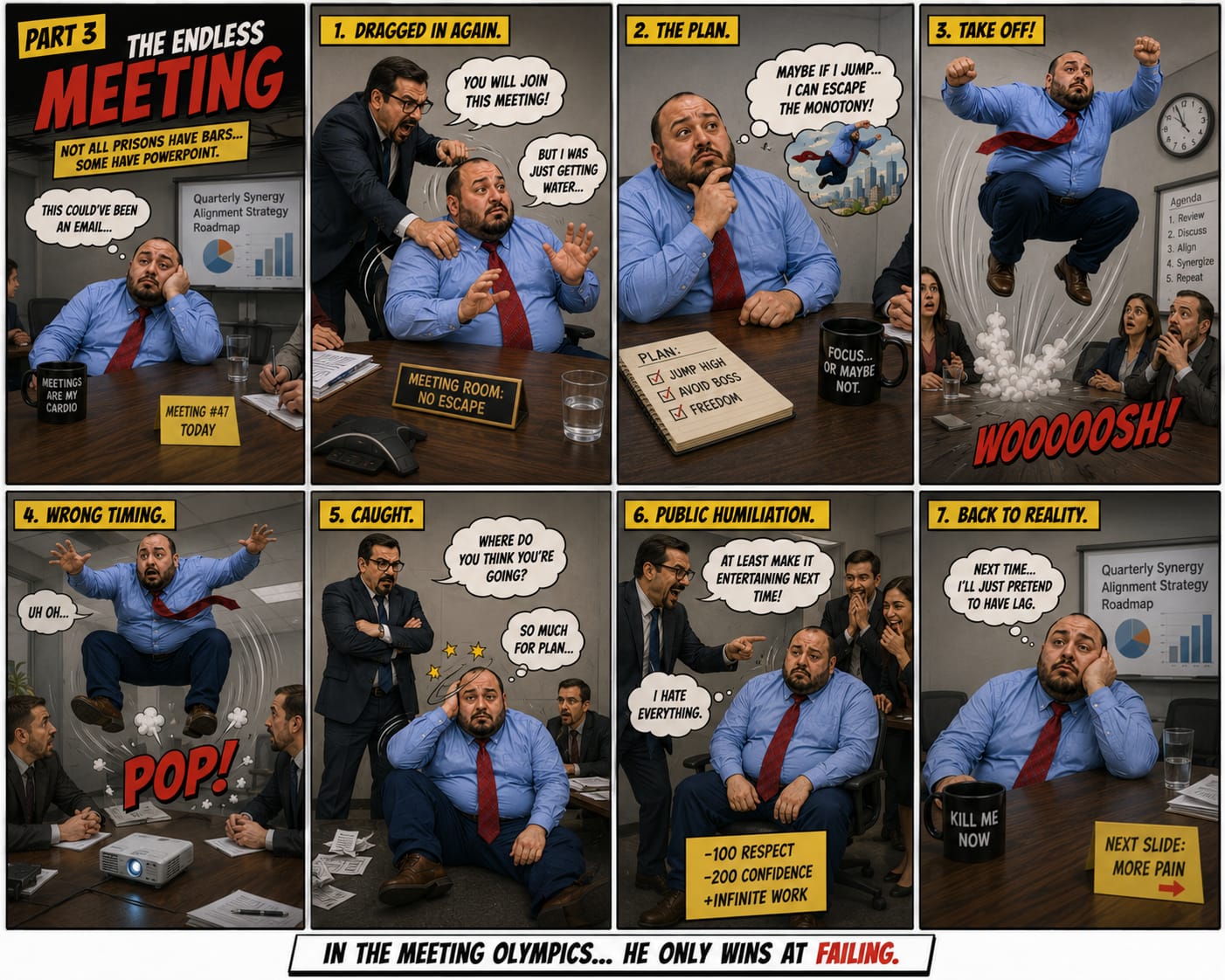 Comic panels showing Ouri attempting to jump out of a meeting
