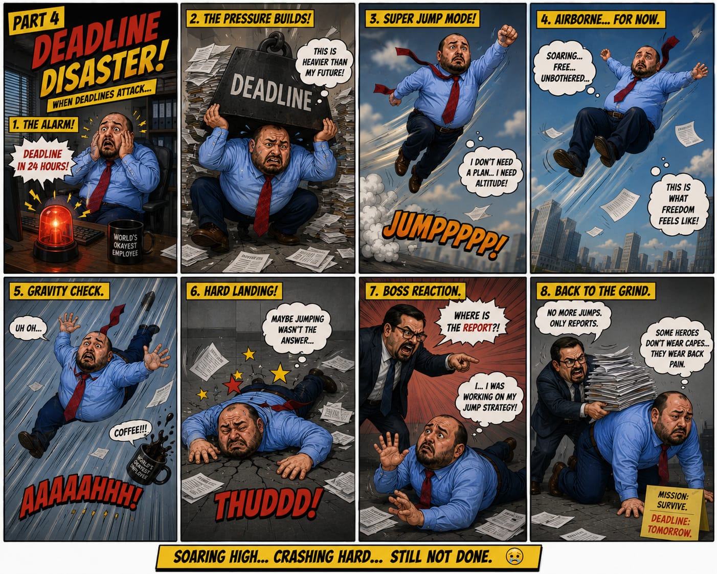Comic panels showing Ouri fighting a deadline with a super jump